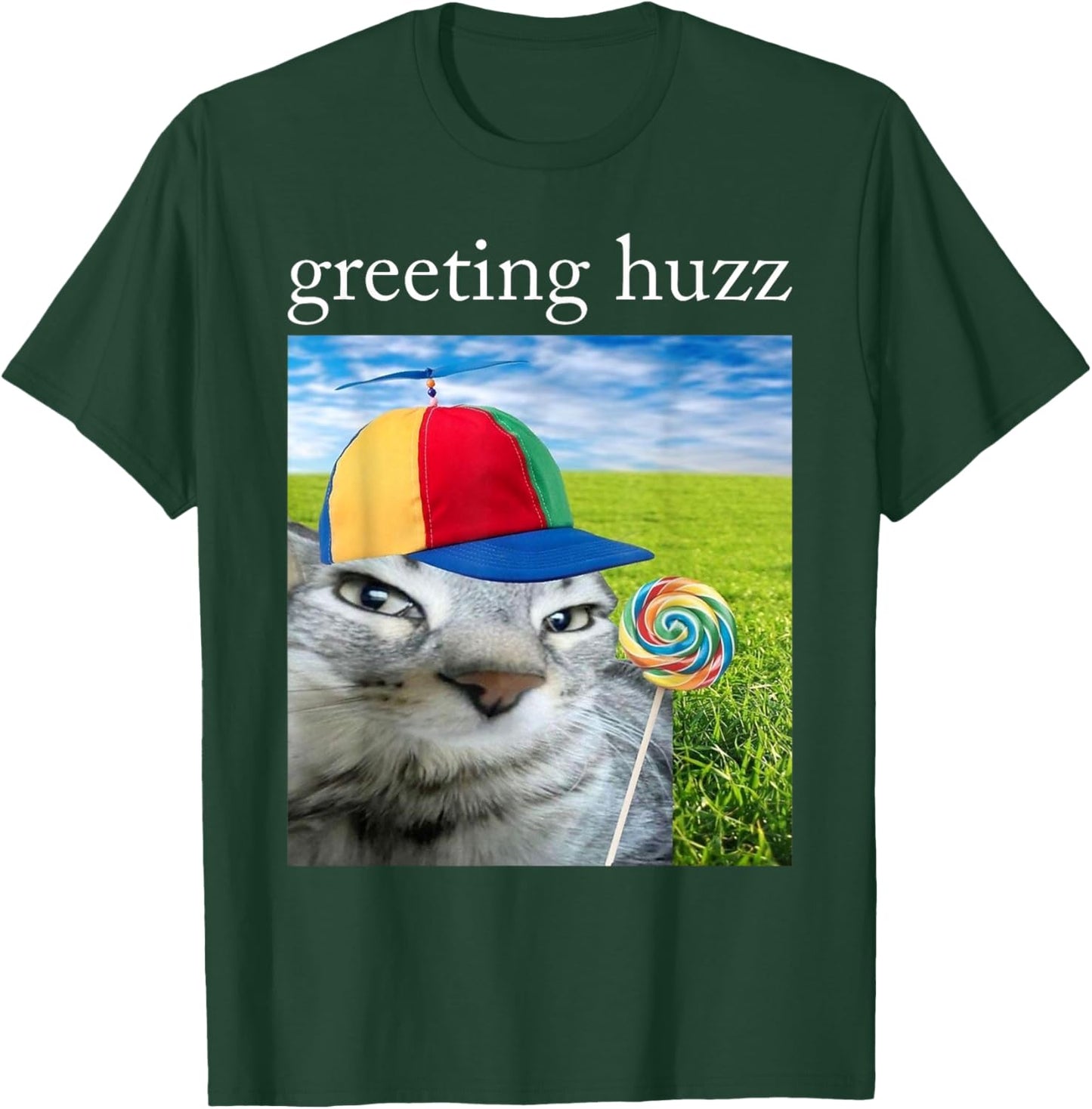 Greetings Huzz Funny Silly Cat with Lollipop Gen Z Meme T-Shirt - T-Shirt | Forest