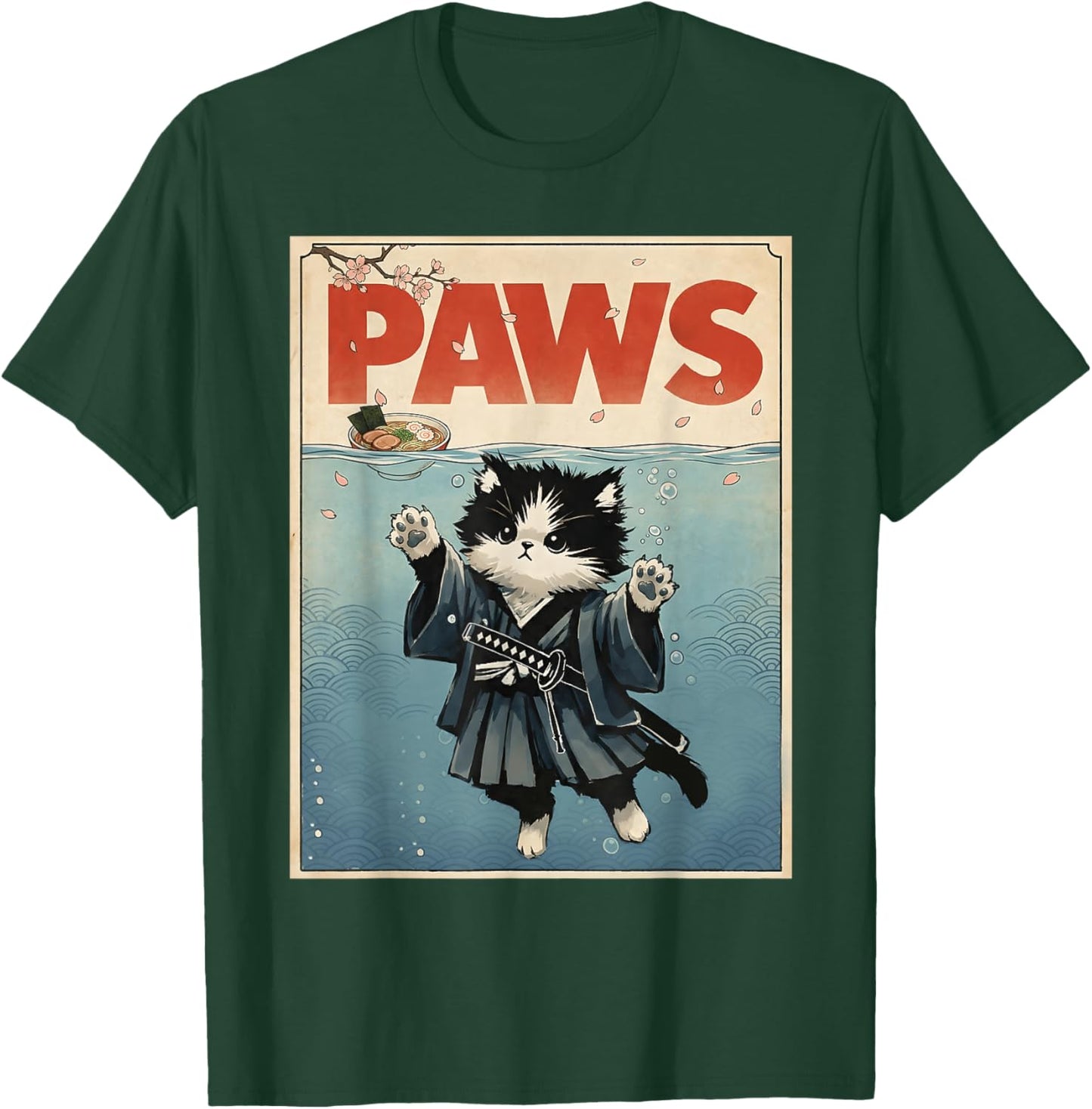 Retro Cat Samurai Ramen Lover Japanese Funny Cat T-Shirt - T-Shirt | Forest