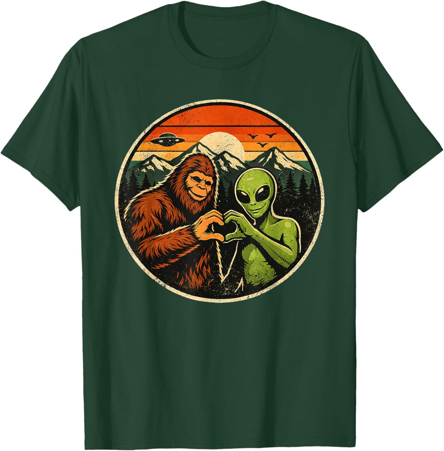 Bigfoot & Alien Making A Heart Sunset Kids Boys Valentines T-Shirt - T-Shirt | Forest
