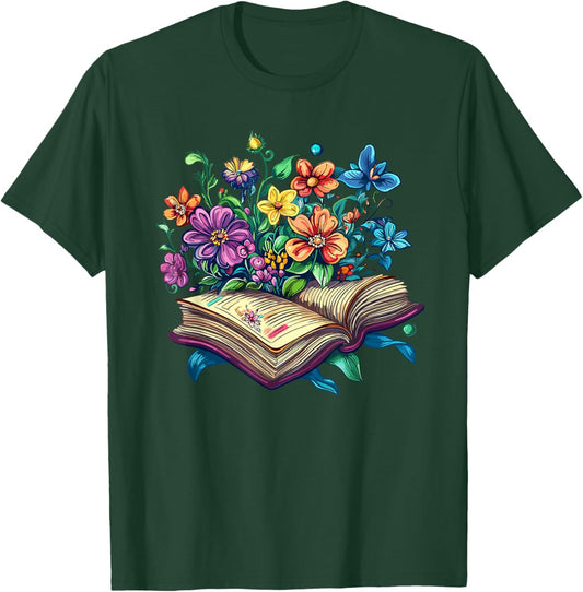 Enchanted Open Book with Blooming Flowers T-Shirt - T-Shirt | Forest