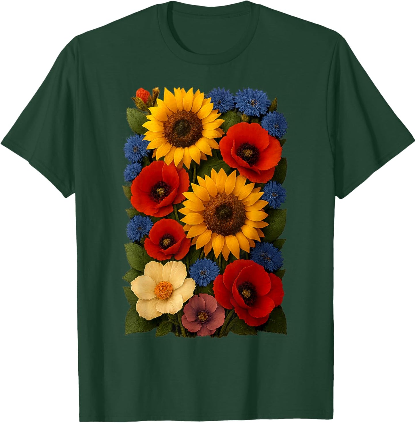Sunflower and Poppy Flower Bouquet Graphic Rustic Summer T-Shirt - T-Shirt | Forest