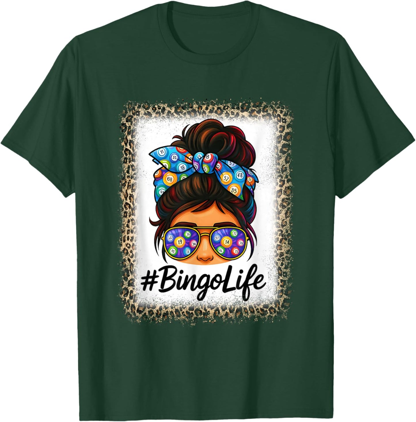 Bingo Life Messy Bun Women Bingo Lover Grandma Leopard Print T-Shirt - T-Shirt | Forest