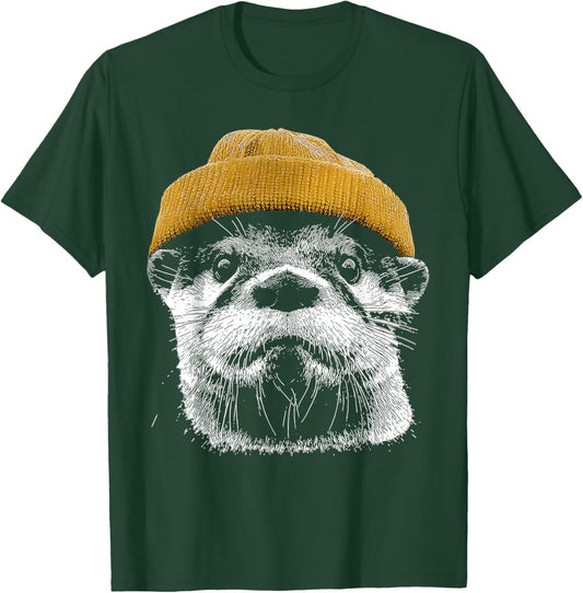 Retro River Otter Wearing Beanie Cute Otter Animal Art T-Shirt - T-Shirt | Forest
