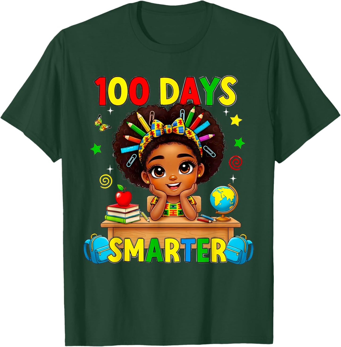 100 Days of School Afro Girl 100th Day Teacher Messy Bun T-Shirt - T-Shirt | Forest