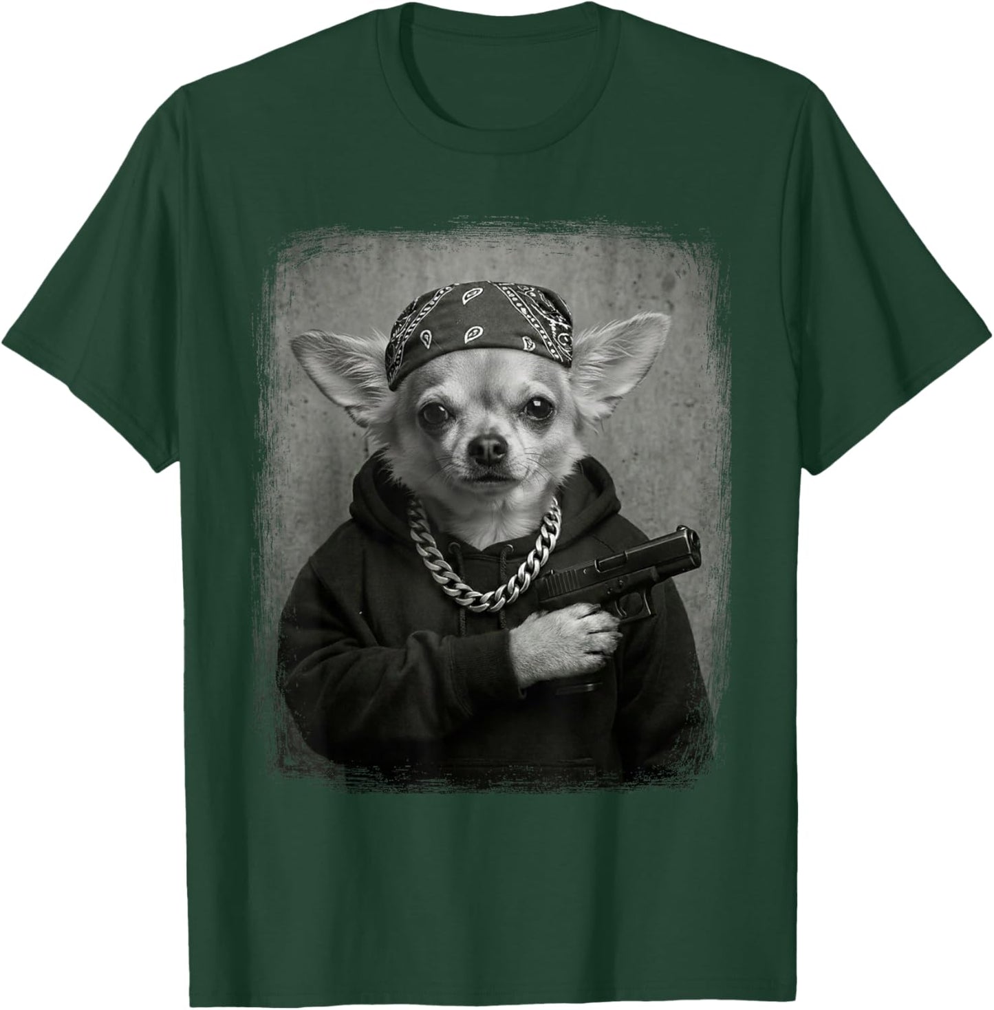 Street Style Chihuahua Dog Gangster Bandana & Chain Funny T-Shirt - T-Shirt | Forest