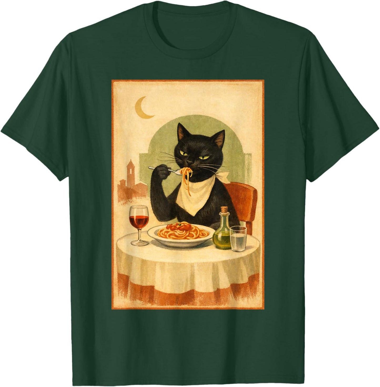 Black Cat Eating Spaghetti Illustration T-Shirt - T-Shirt | Forest