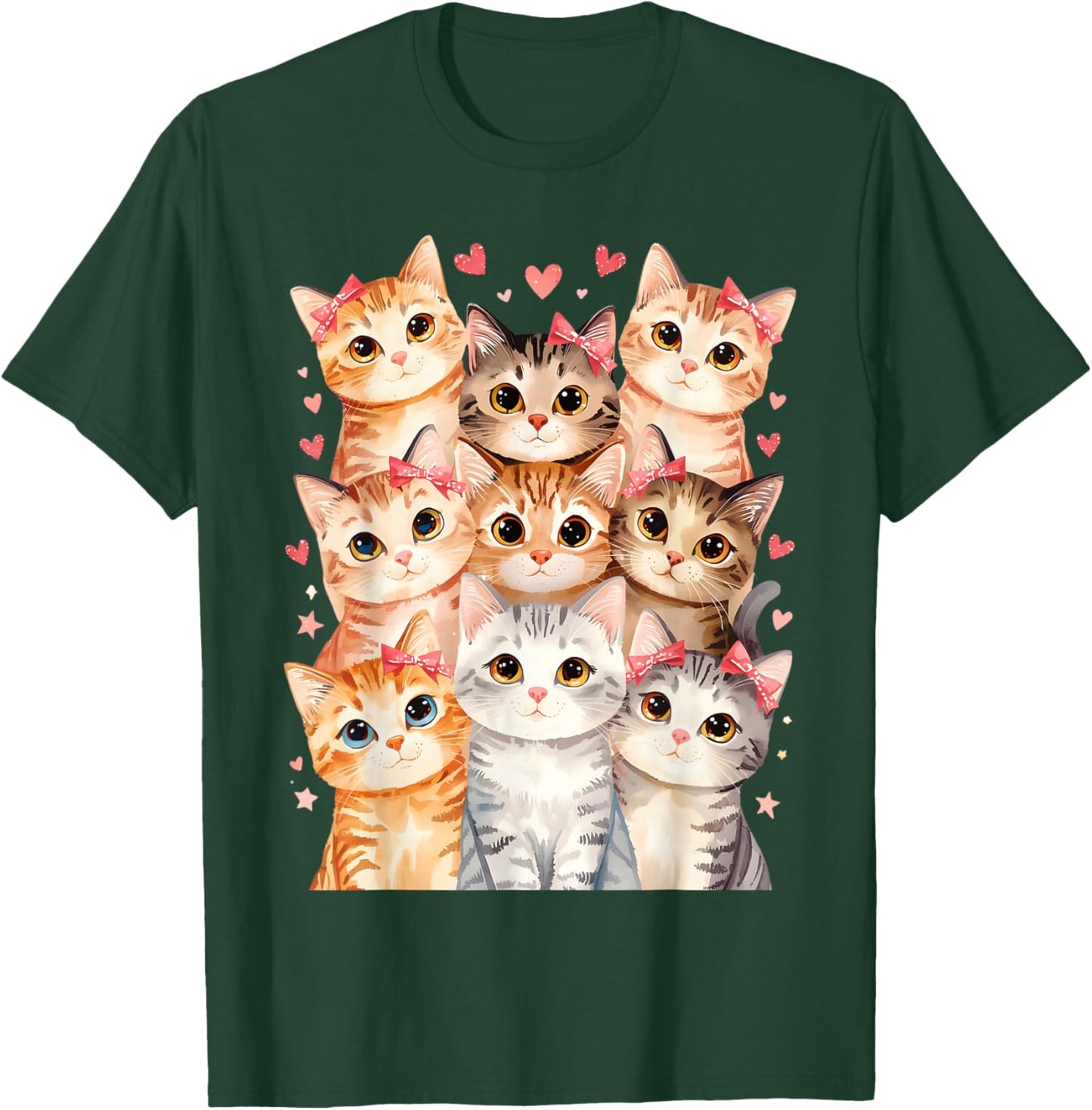 Cat Loving Girls Nine Cats with Pink Bows and Love Heart T-Shirt - T-Shirt | Forest