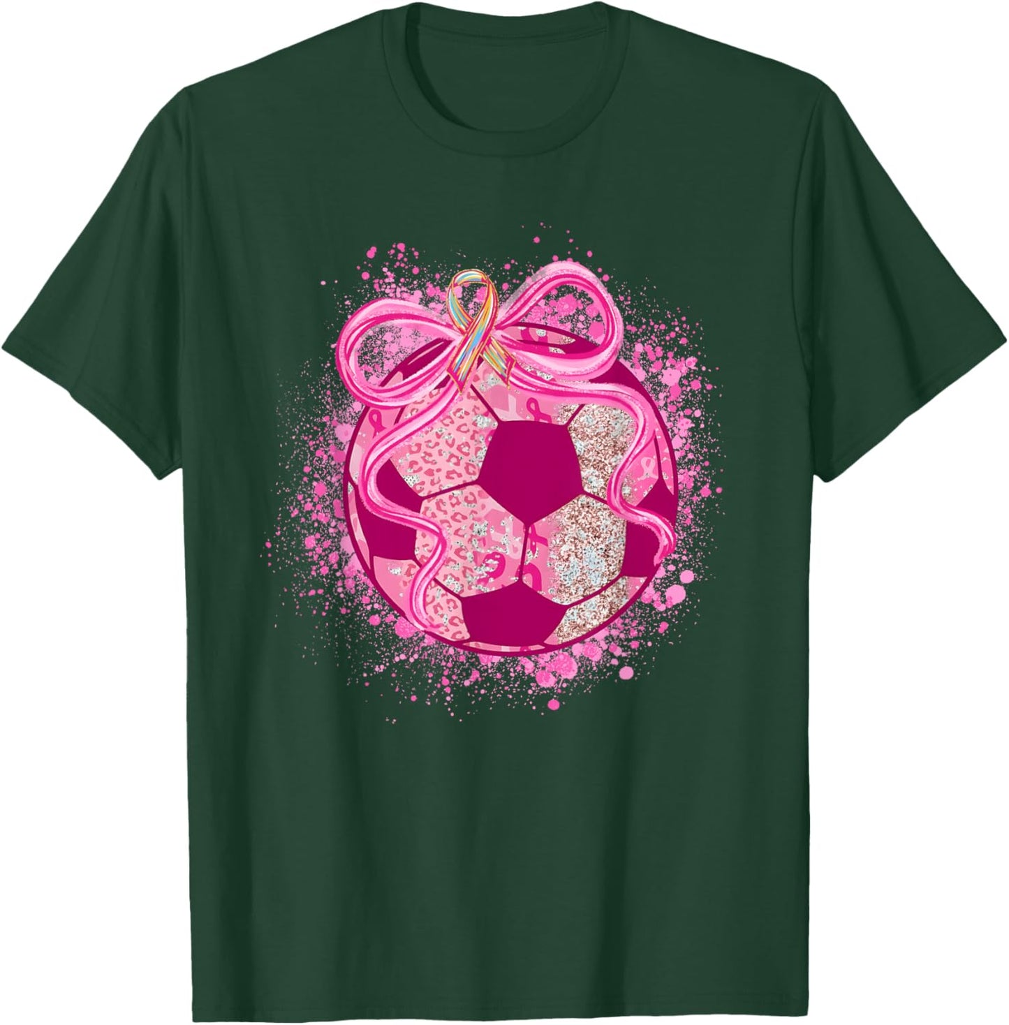 Soccer Coquette Bow Breast Cancer Awareness Pink Ribbon T-Shirt - T-Shirt | Forest