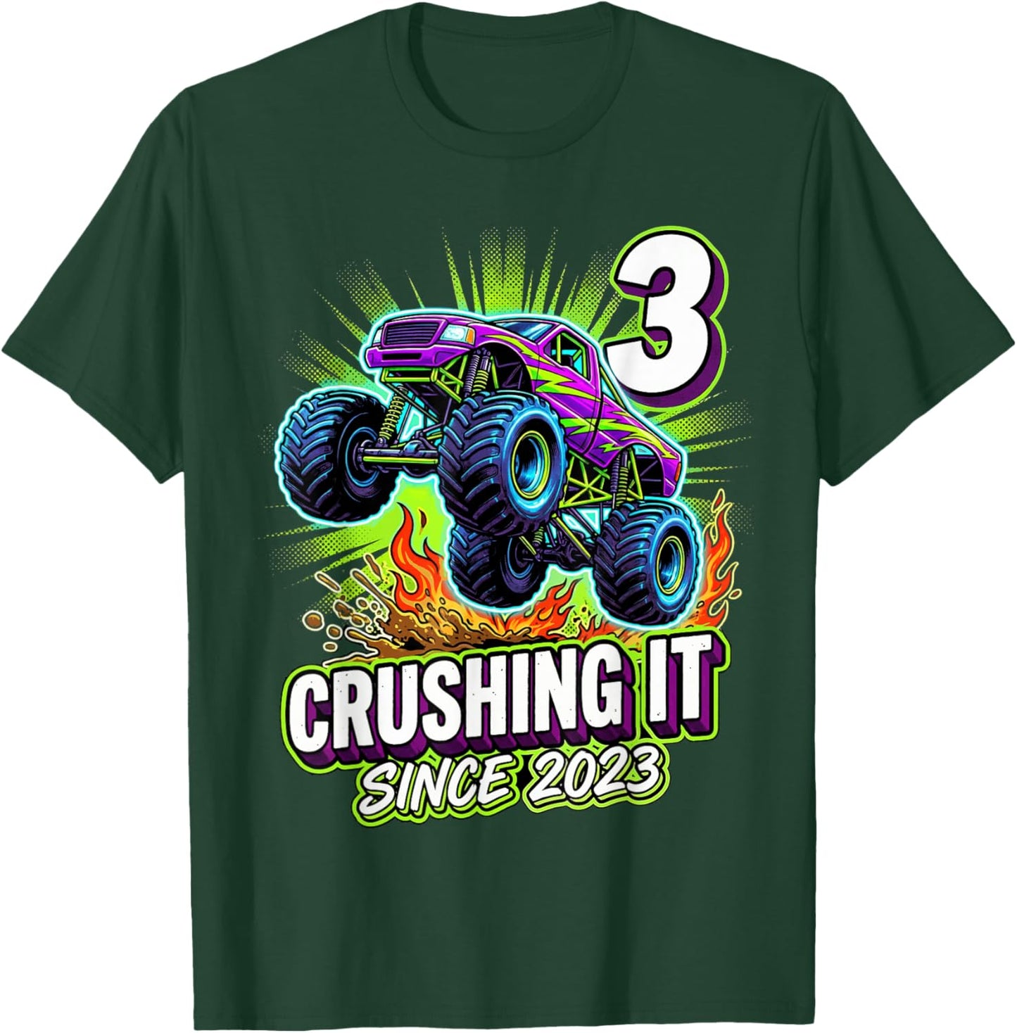 Birthday Monster Truck 3 Year Old Boys 3rd Party Born 2023 T-Shirt - T-Shirt | Forest