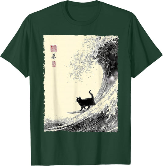 Funny Cat Surfing The Great Wave Japanese Ukiyo-e Cat T-Shirt - T-Shirt | Forest