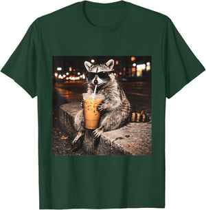 Funny Cool Raccoon Drinking Iced Coffee Animal Meme Graphic T-Shirt - T-Shirt | Forest