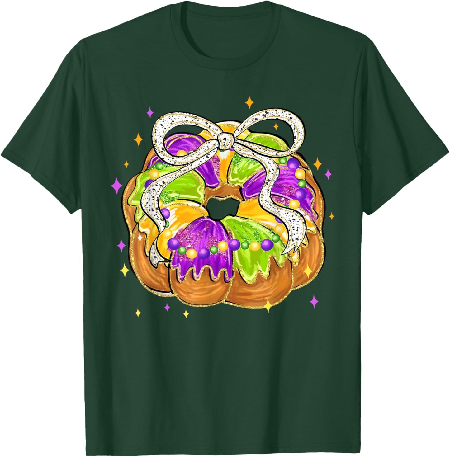 Mardi Gras Retro King Cake Coquette Bow Beads Carnival T-Shirt - T-Shirt | Forest