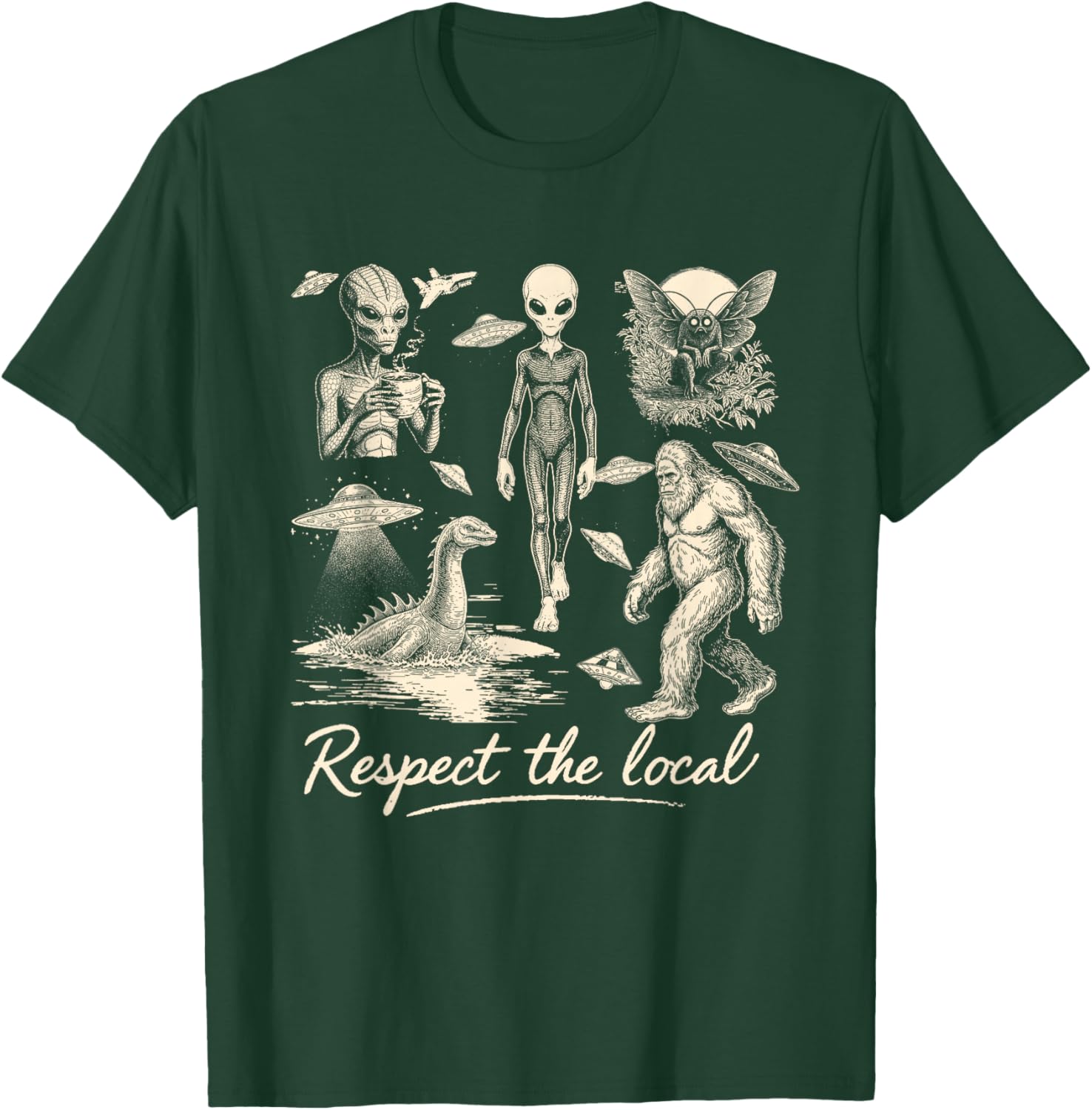 Bigfoot Wendigo Cryptid UFO Hunting Alien Respect The Local T-Shirt - T-Shirt | Forest