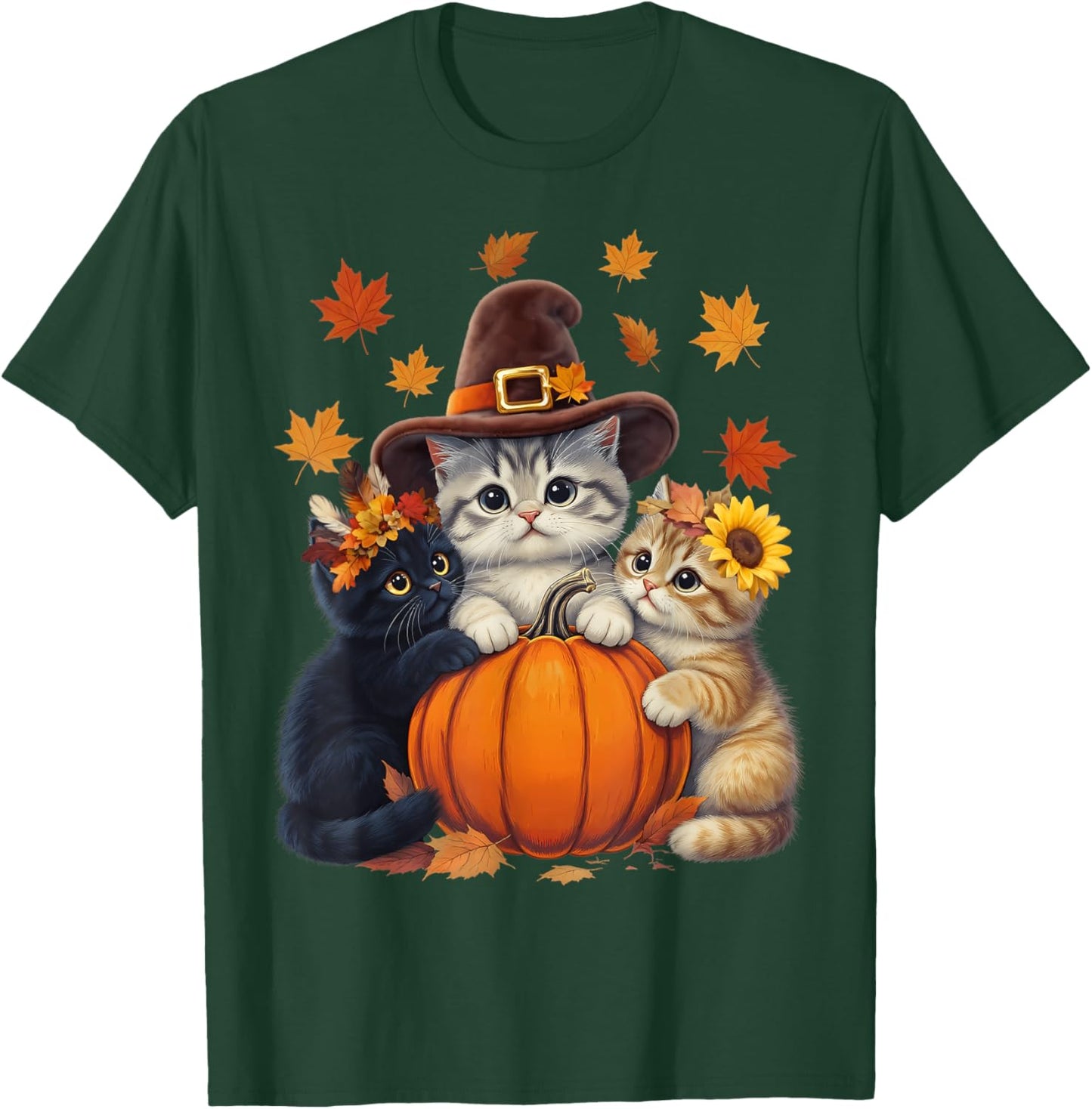 Thanksgiving Kittens and Pumpkin Cats Lover Men Women Fall T-Shirt - T-Shirt | Forest