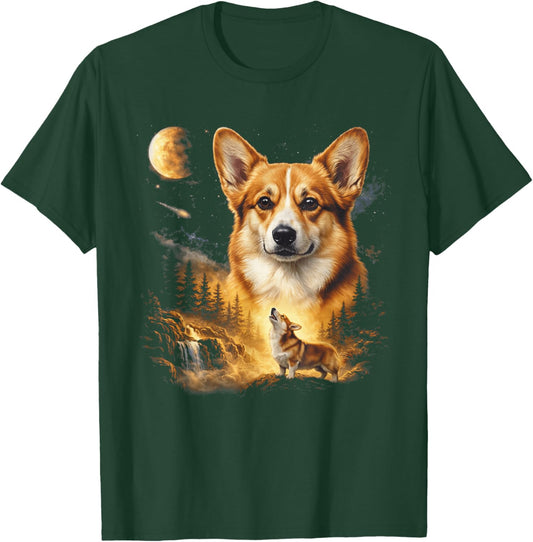Corgi Howling to The Moon Vintage 90s Funny Dog Graphic T-Shirt - T-Shirt | Forest