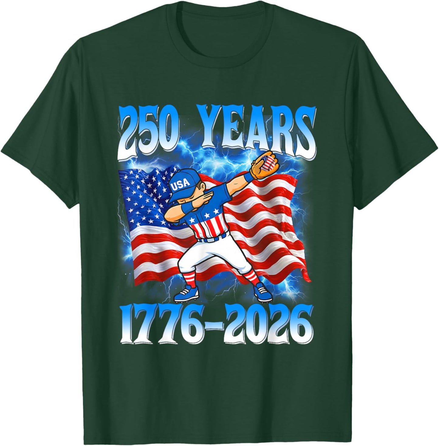 250 Years 1776 2026 250th Baseball American Flag 4th of July T-Shirt - T-Shirt | Forest