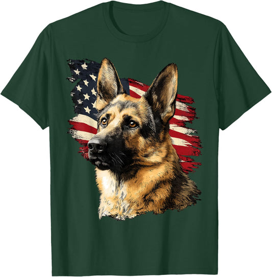 German Shepherd Dog US America USA American Flag Graphic T-Shirt - T-Shirt | Forest
