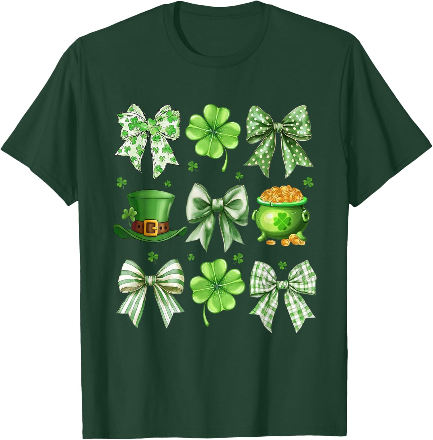 Coquette Bow Shamrock St Patricks Day Lucky Irish Girls T-Shirt - T-Shirt | Forest