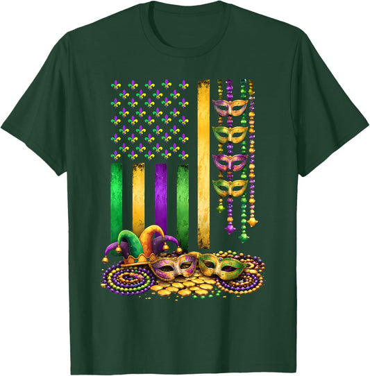 Carnival Mardi Gras Mask USA American Flag Parade Outfit T-Shirt - T-Shirt | Forest