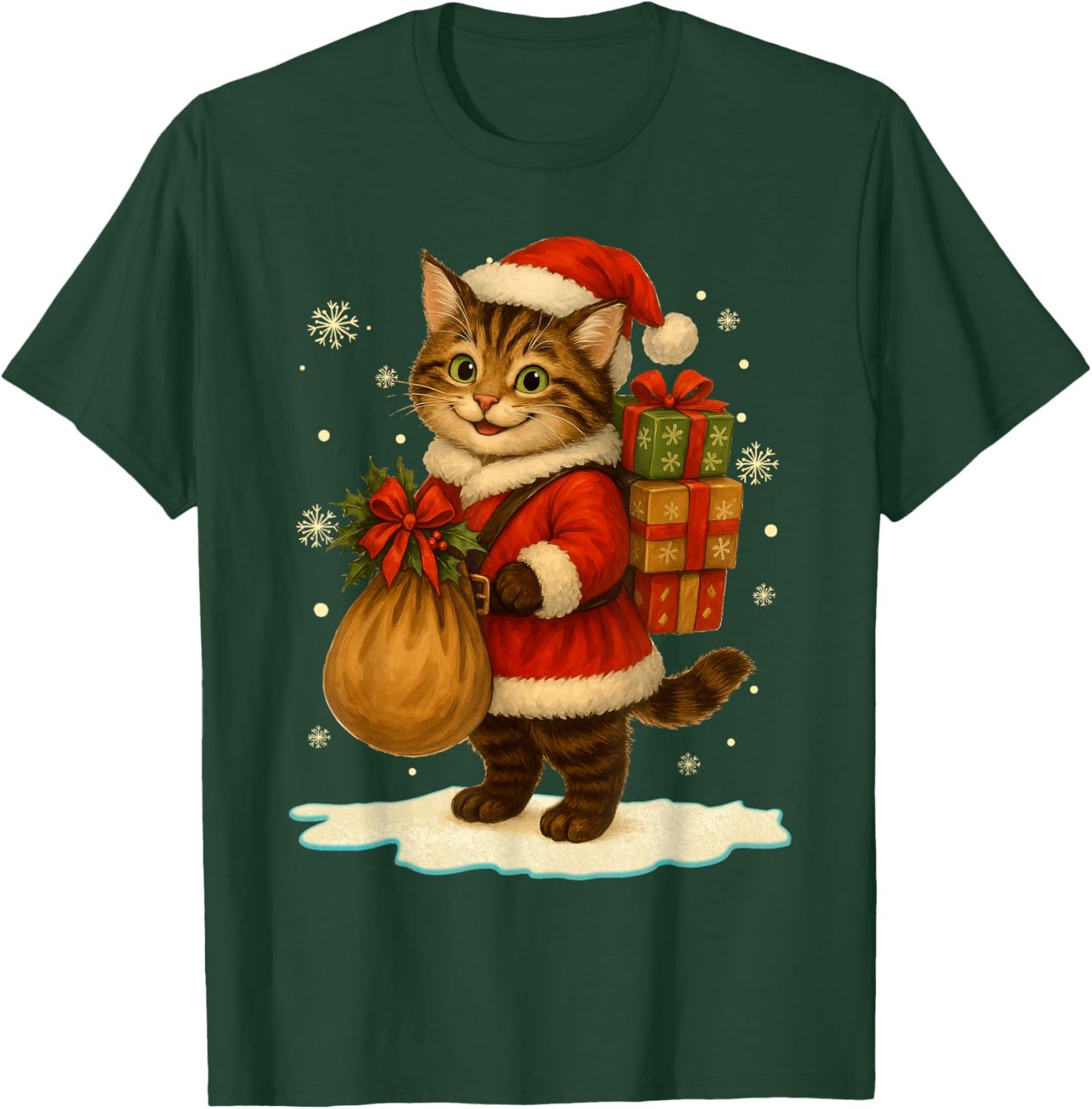 Cat Christmas Santa Hat Vintage Cat Lover Holiday Women Kids T-Shirt - T-Shirt | Forest