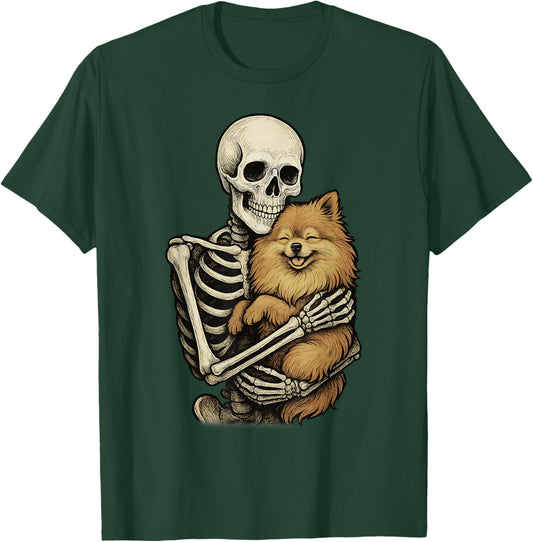 Skeleton Hugging Dog Pomeranian Funny Halloween T-Shirt - T-Shirt | Forest