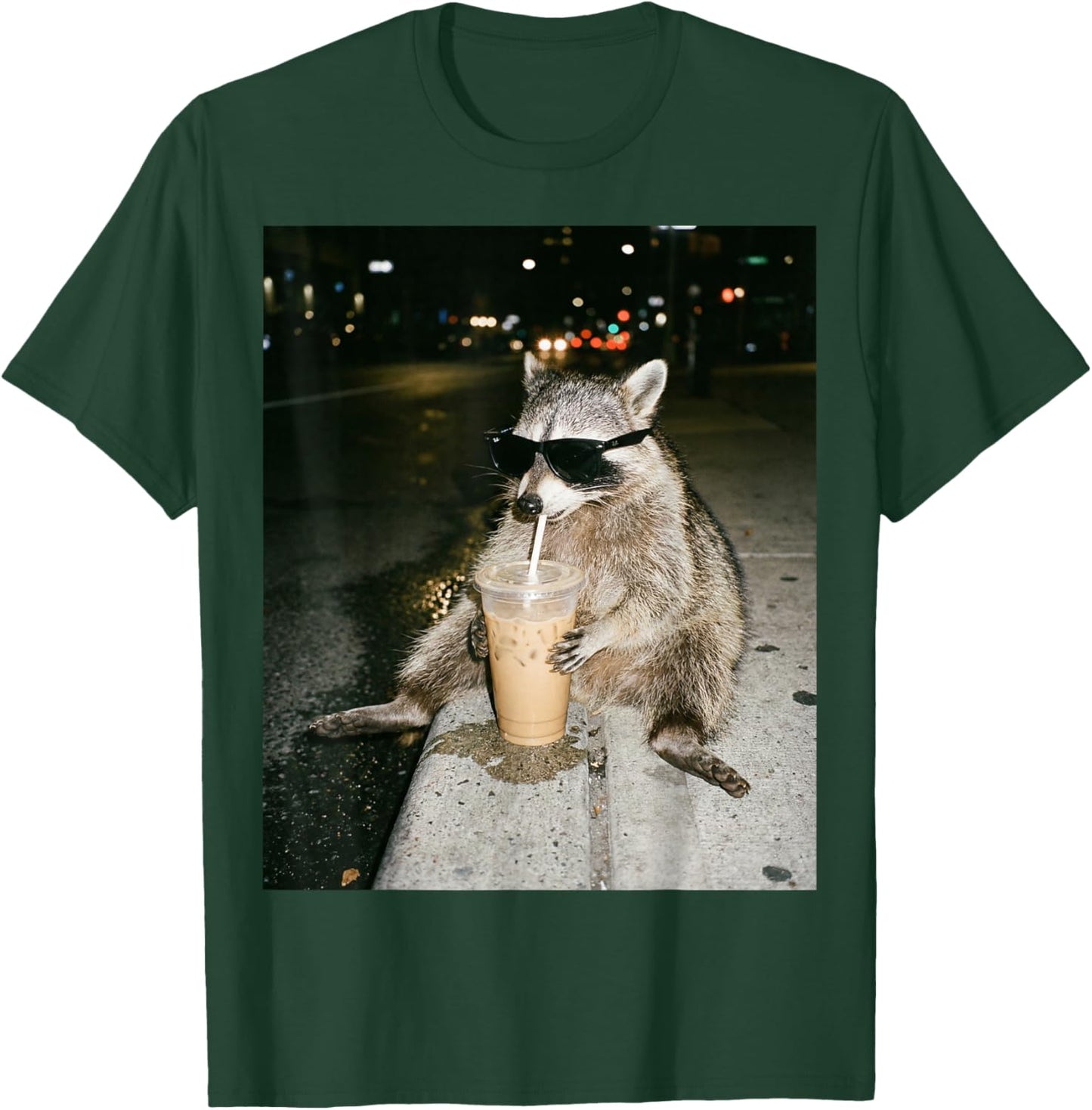 Funny Raccoon Drinking Iced Coffee Meme Men Women T-Shirt - T-Shirt | Forest