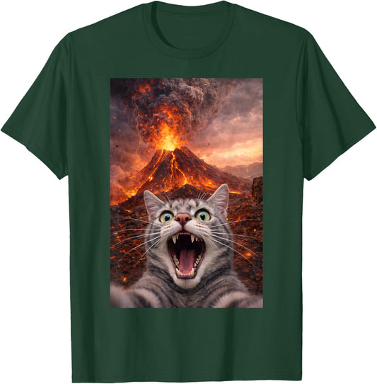 Funny Scared Cat Selfie During Volcano Eruption T-Shirt - T-Shirt | Forest