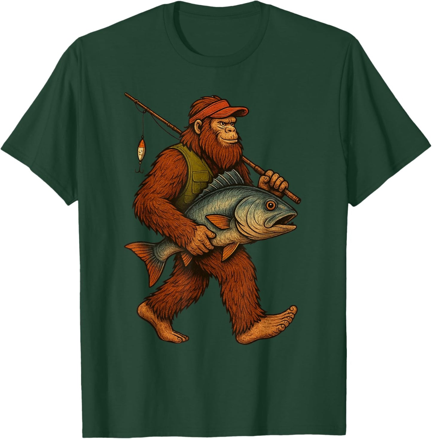 Bigfoot Fishing Fisherman Vintage Funny Sasquatch Men Dad T-Shirt - T-Shirt | Forest
