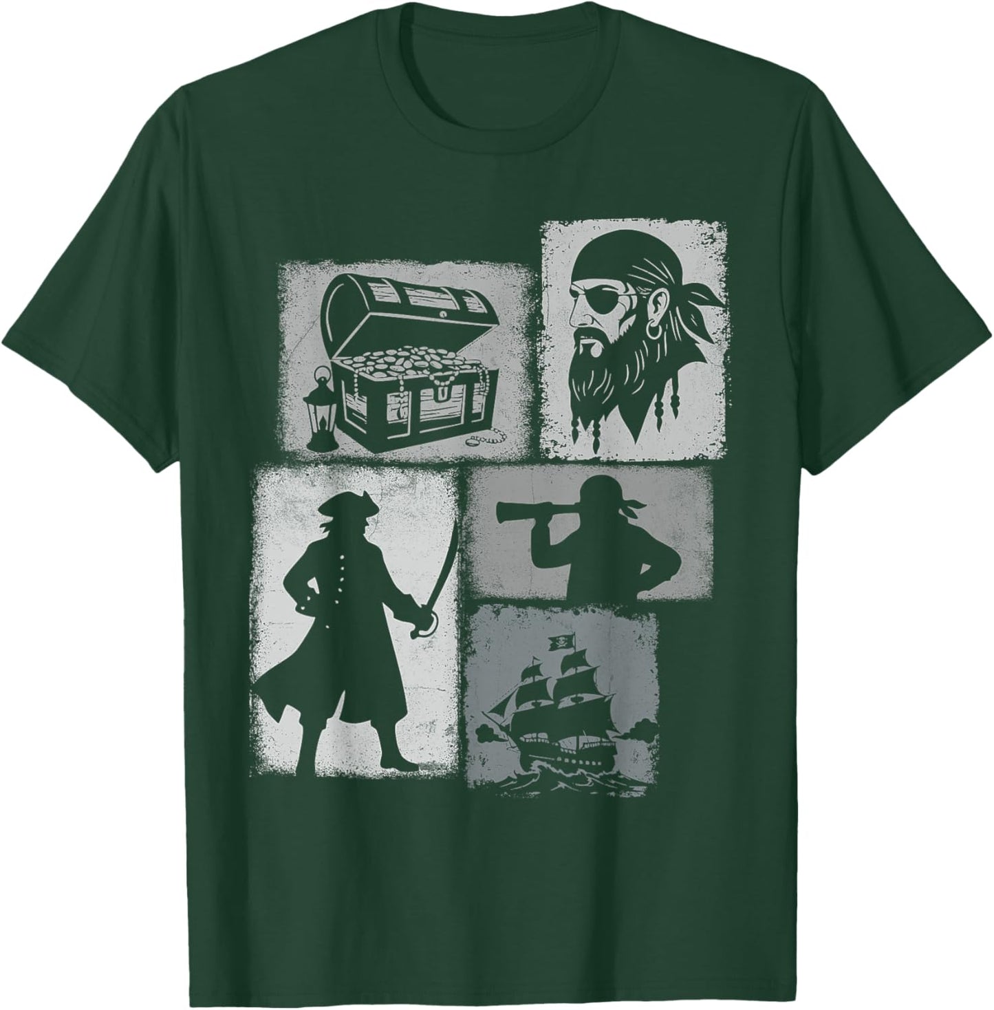 Pirate Vintage Collage Sailor Captain Treasure Hunter T-Shirt - T-Shirt | Forest