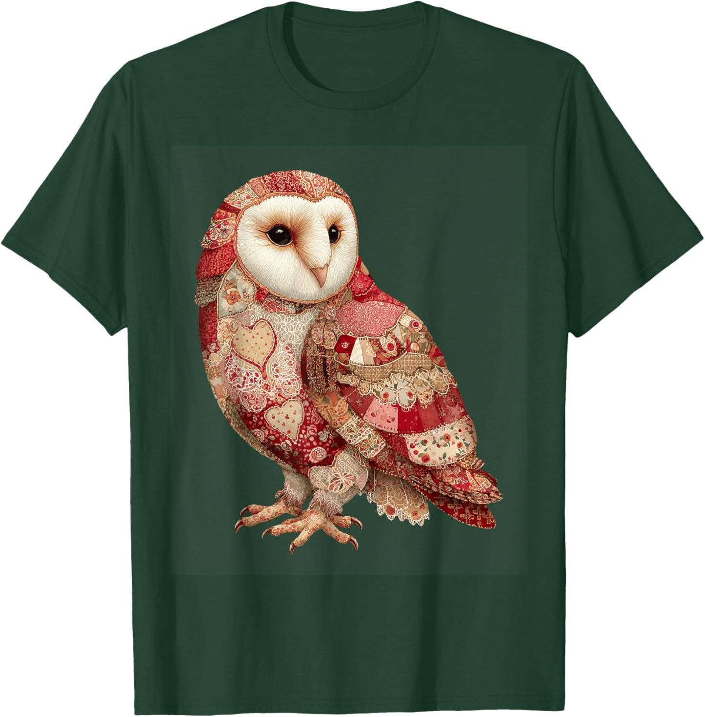 Whimsical Patchwork Owl with Hearts Pattern T-Shirt - T-Shirt | Forest