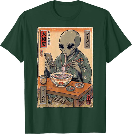 Funny Alien Eating Ramen Retro Japanese Gifts Men Women Kid T-Shirt - T-Shirt | Forest