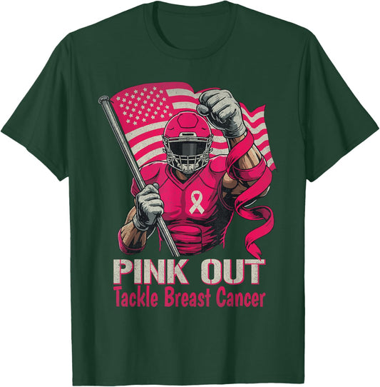 Pink Out Tackle Breast Cancer Football American Flag Ribbon T-Shirt - T-Shirt | Forest