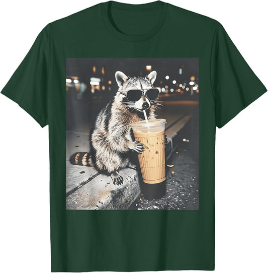 Raccoon Drinking Iced Coffee Funny Animal Meme Men Women T-Shirt - T-Shirt | Forest