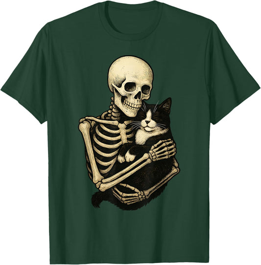 Skeleton Hugging Tuxedo Cat Funny Halloween T-Shirt - T-Shirt | Forest