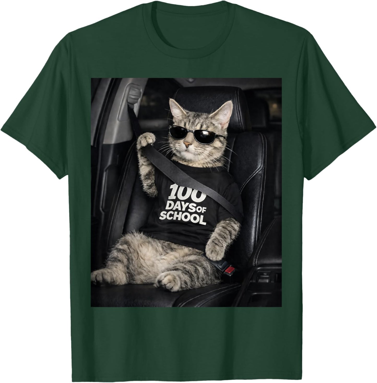100 Days of School Cool Cat Seatbelt Funny T-Shirt - T-Shirt | Forest