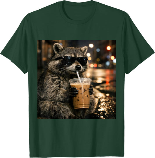 Raccoon Drinking Iced Coffee Funny Animal Meme Men Women T-Shirt - T-Shirt | Forest