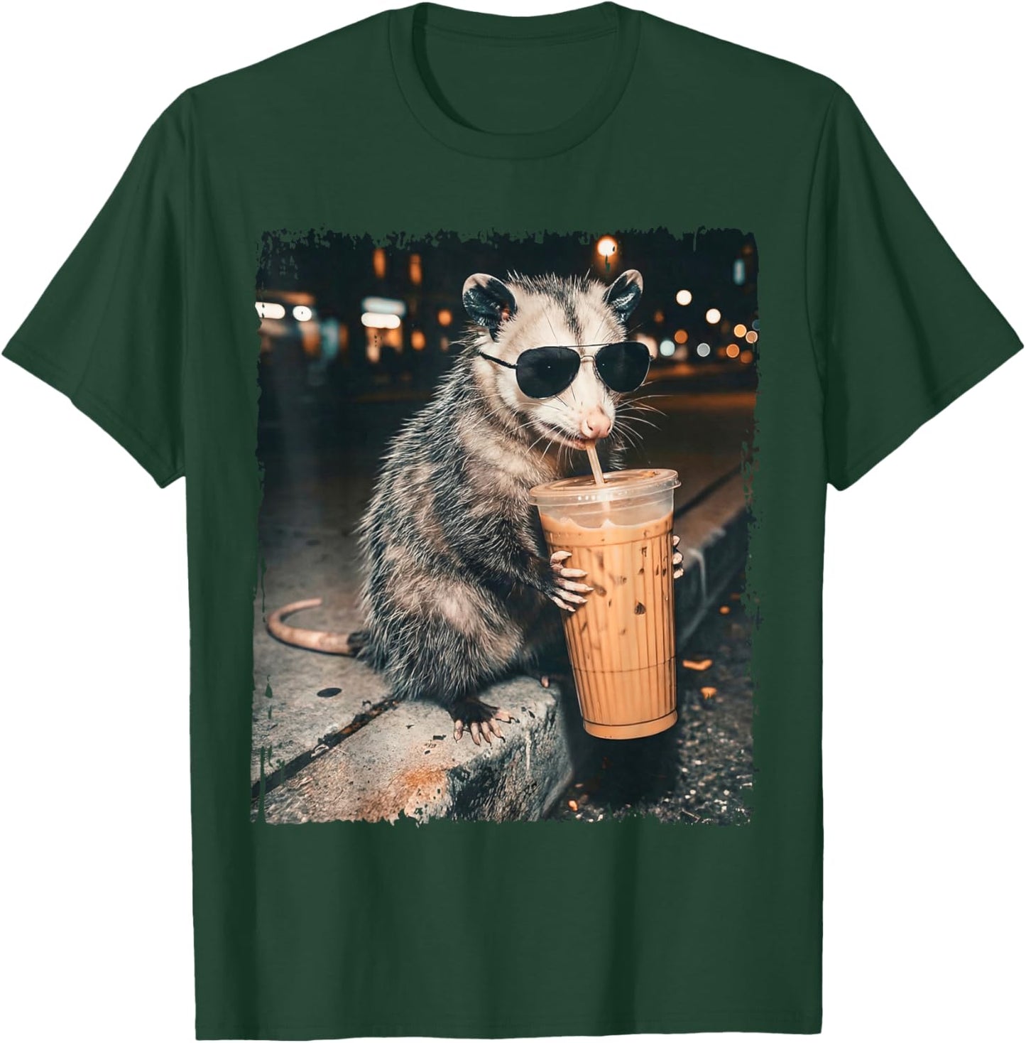 Opossum Drinking Iced Coffee Funny Possum Meme Men Women T-Shirt - T-Shirt | Forest
