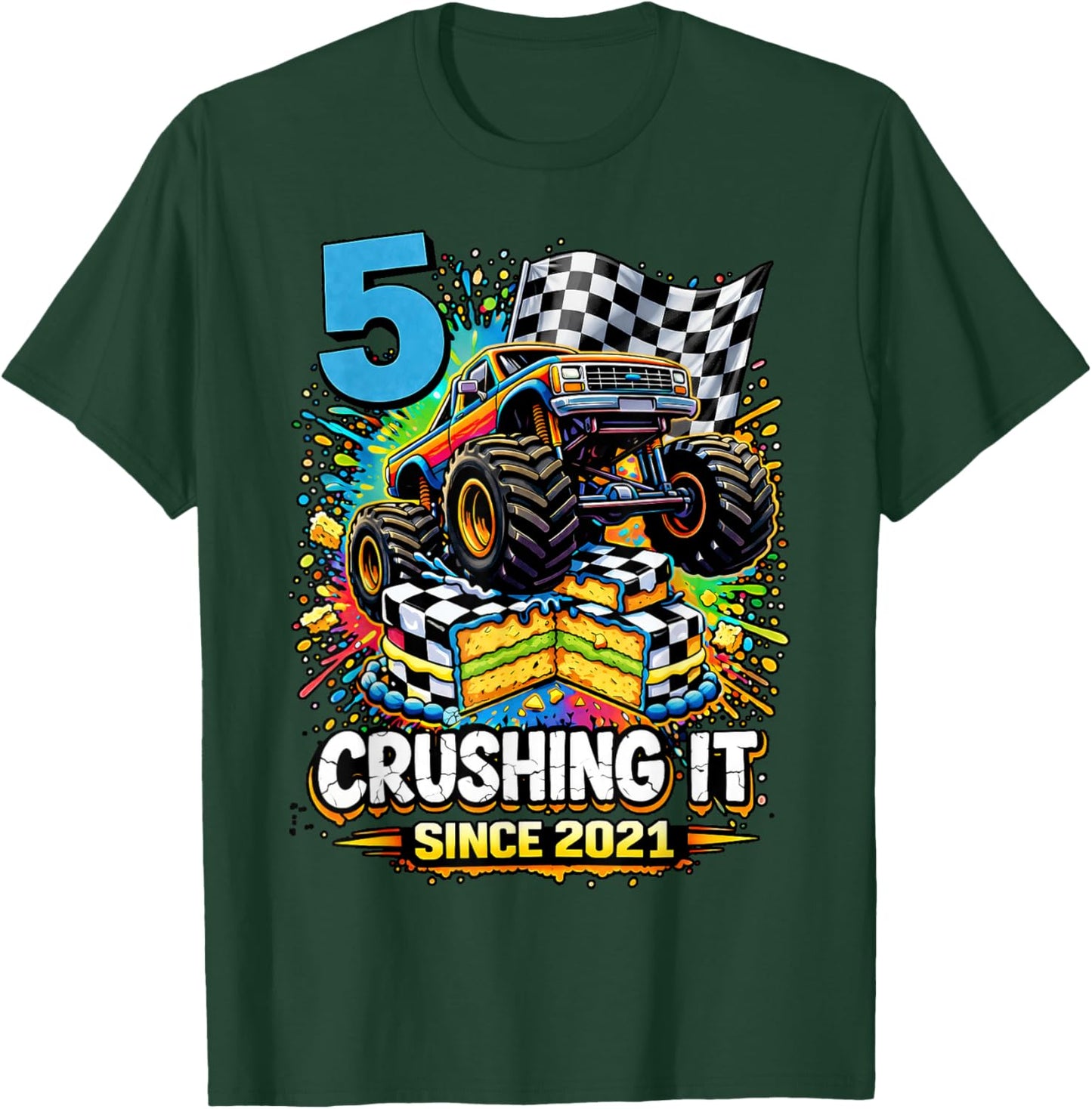 Birthday Monster Truck 5 Year Old Boys 5th Party Born 2021 T-Shirt - T-Shirt | Forest