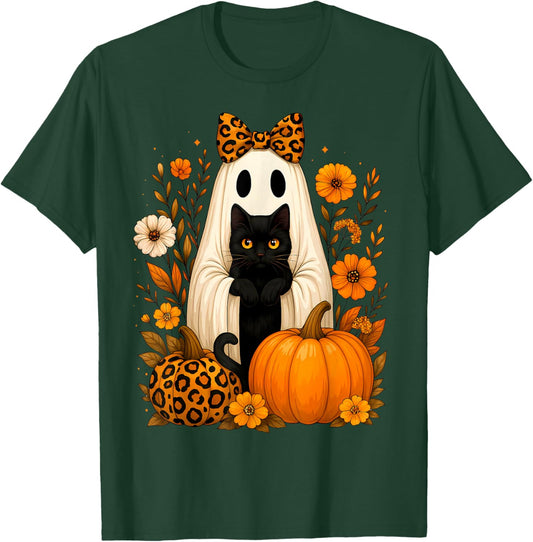 Ghost Holding Black Cat Leopard Print Autumn Halloween Women T-Shirt - T-Shirt | Forest