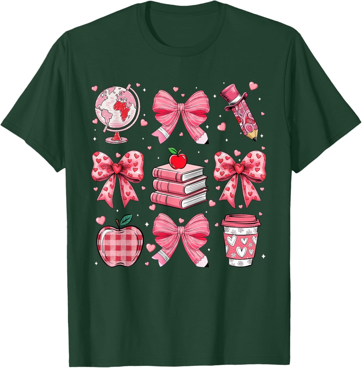Coquette Pink Bow Apple Teacher Appreciation Valentine Day T-Shirt - T-Shirt | Forest