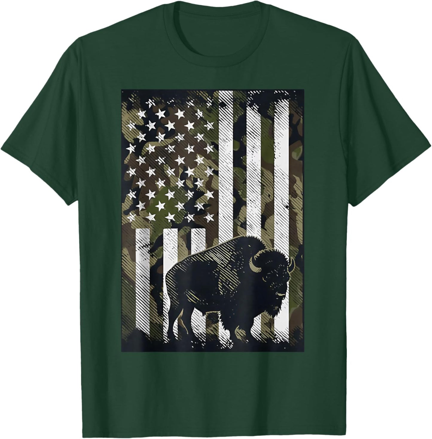 Camo USA Flag Bison Camouflage Hunting Wildlife Hunter Dad T-Shirt - T-Shirt | Forest