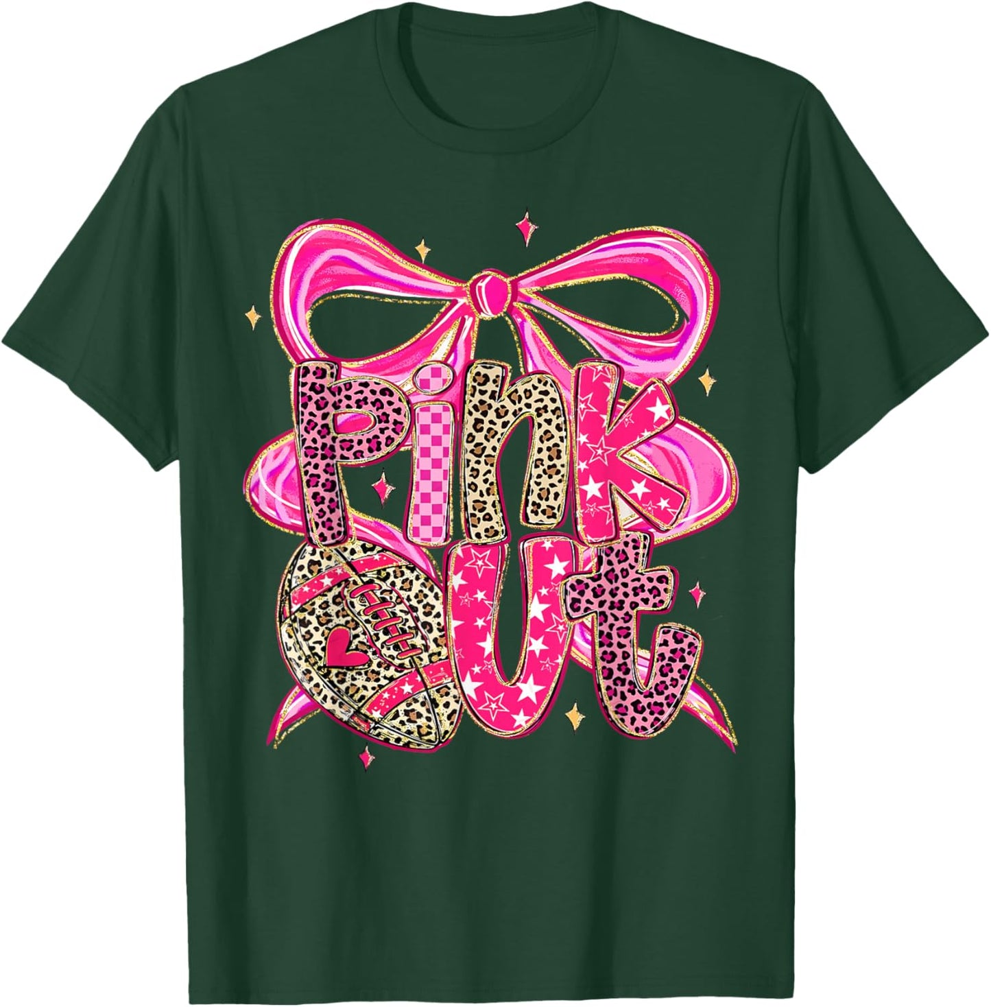Pink Out Breast Cancer Football Coquette Bow Mom Girls Women T-Shirt - T-Shirt | Forest