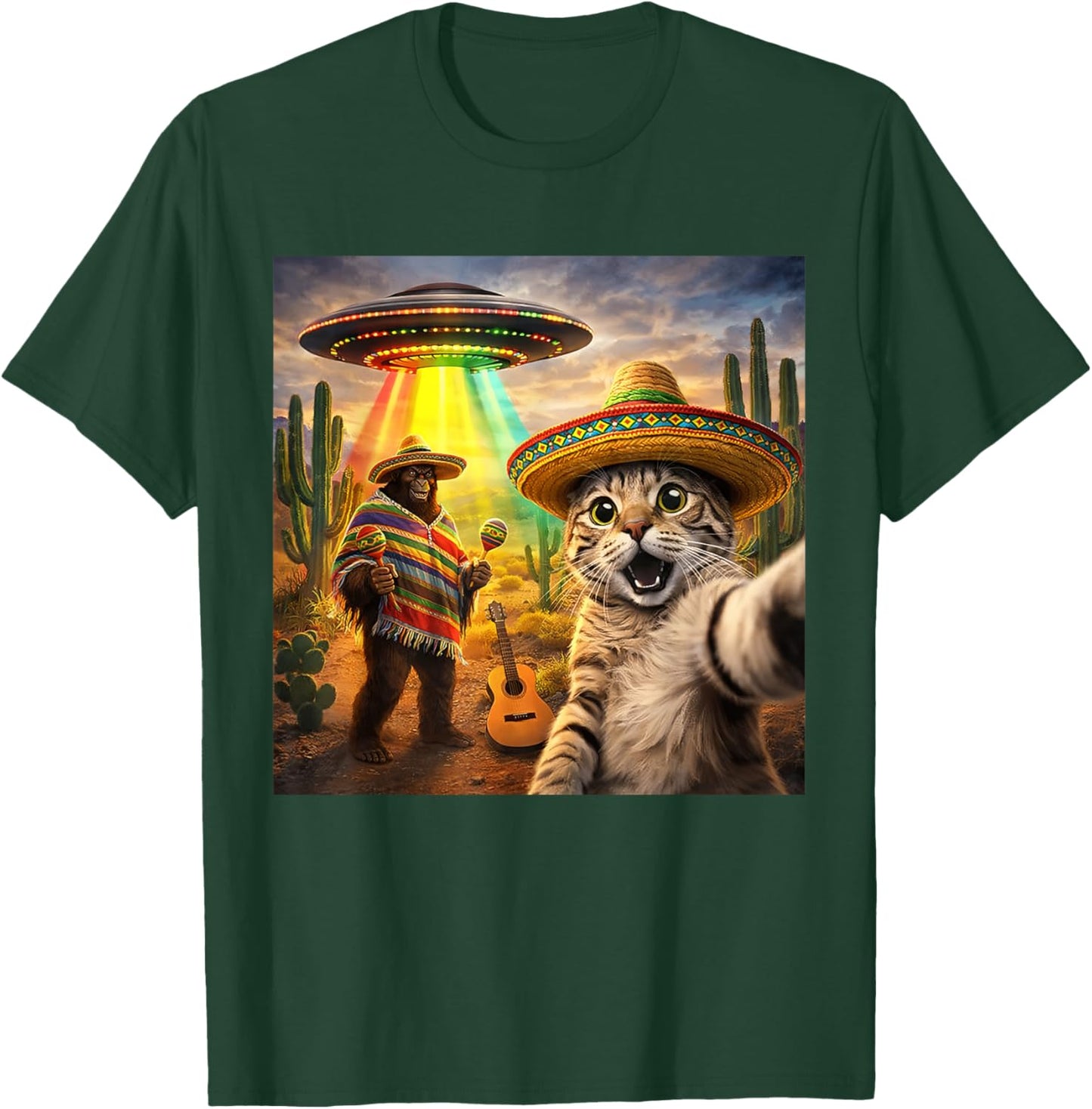 Mexican Cat Selfie with Bigfoot UFO Cinco De Mayo Meme 2026 T-Shirt - T-Shirt | Forest