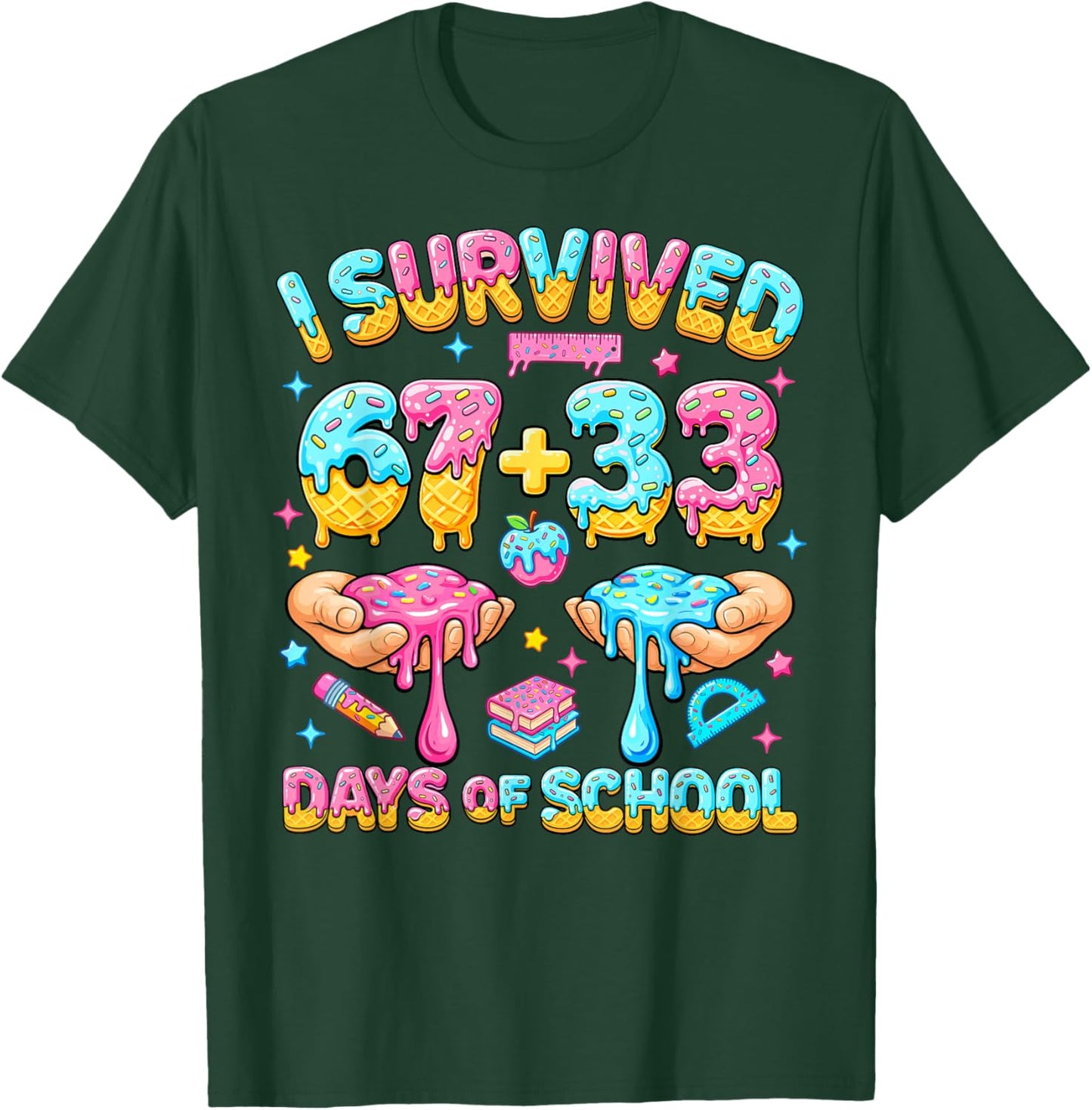 I Survived 67+33 Days of School 100 Days Teachers Kids Boys T-Shirt - T-Shirt | Forest