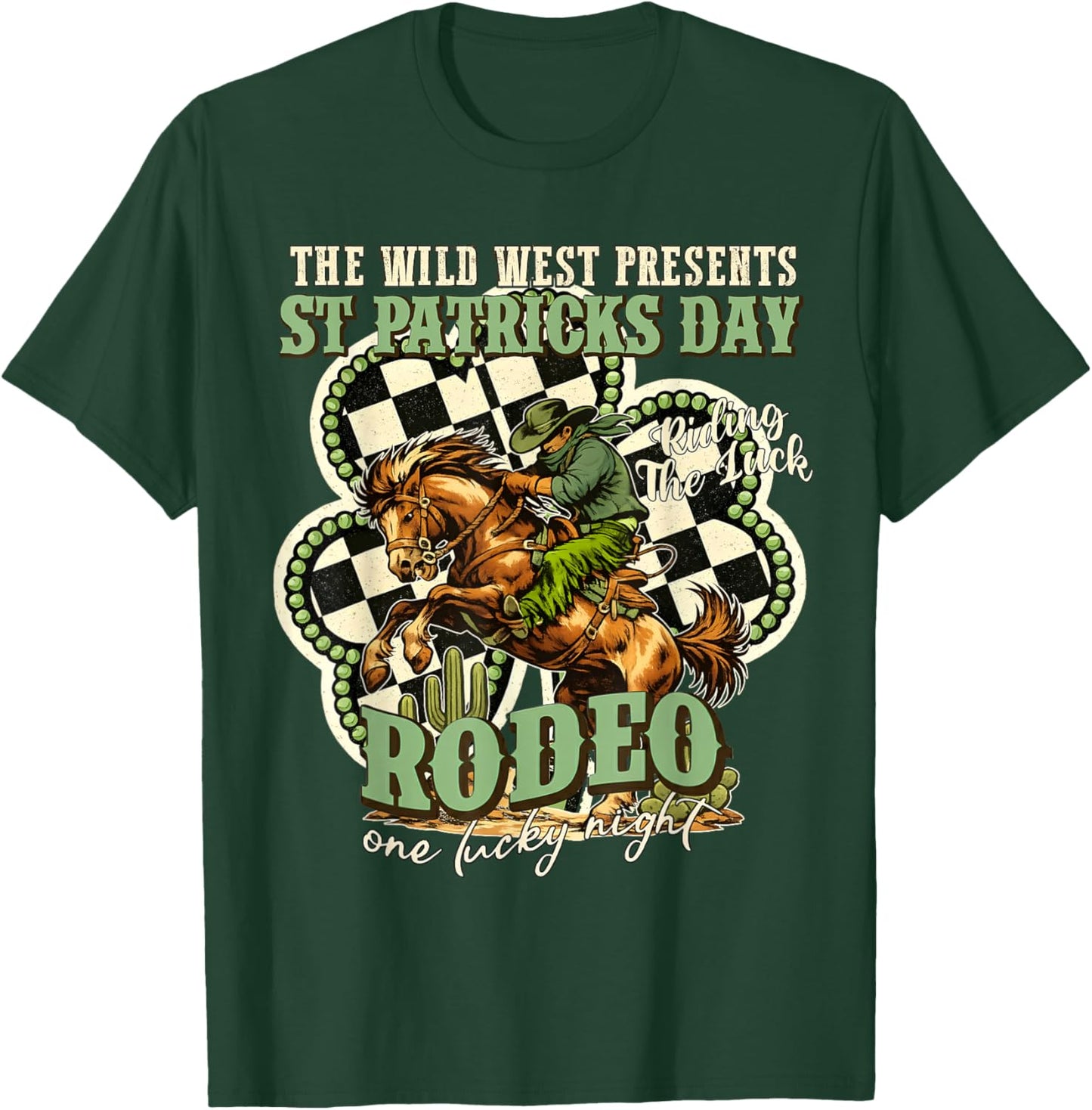 St Patrick’s Rodeo One Lucky Night Western Cowboy Shamrock T-Shirt - T-Shirt | Forest