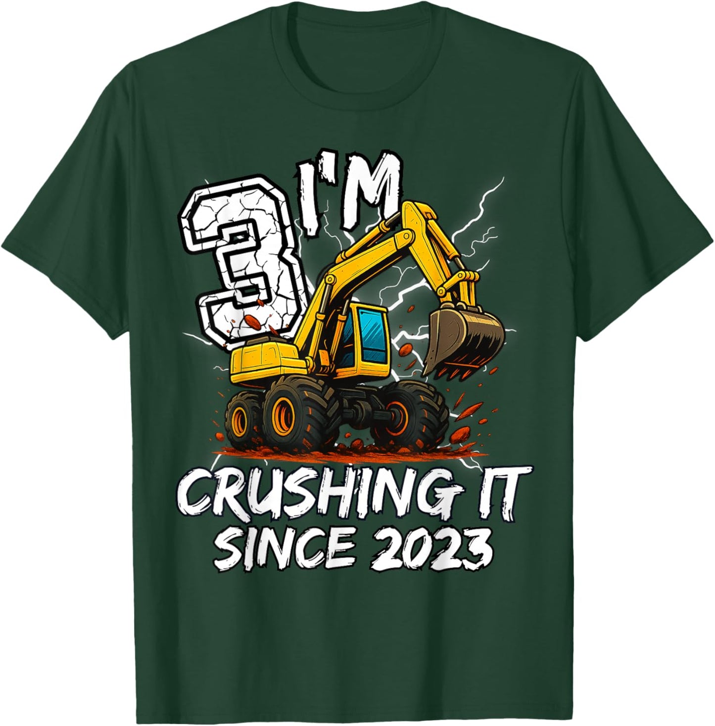 Birthday Excavator Truck 3 Year Old Boys 3rd Party Born 2023 T-Shirt - T-Shirt | Forest