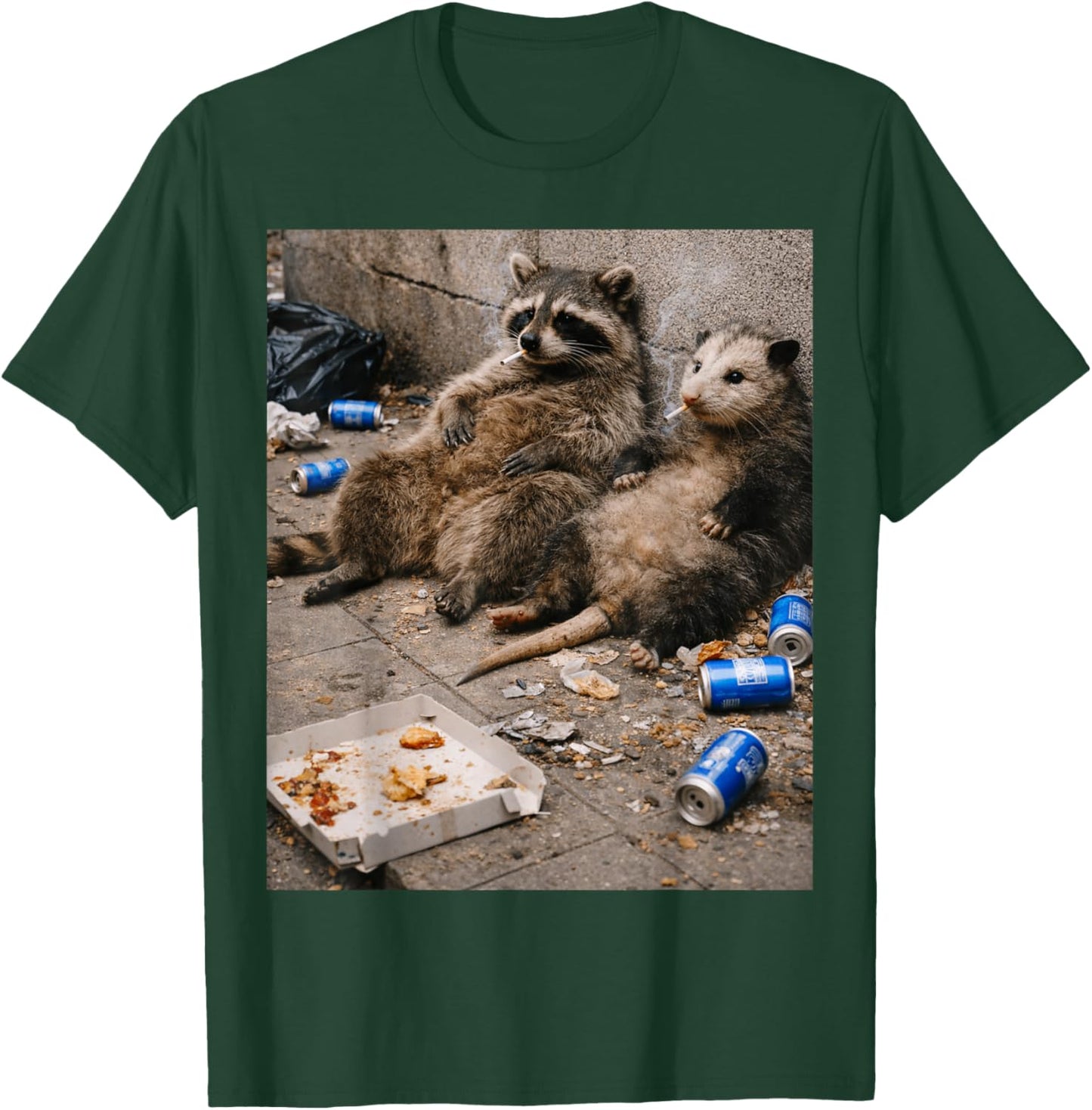 Raccoon and Opossum Smoking Cigarette with Trash T-Shirt - T-Shirt | Forest