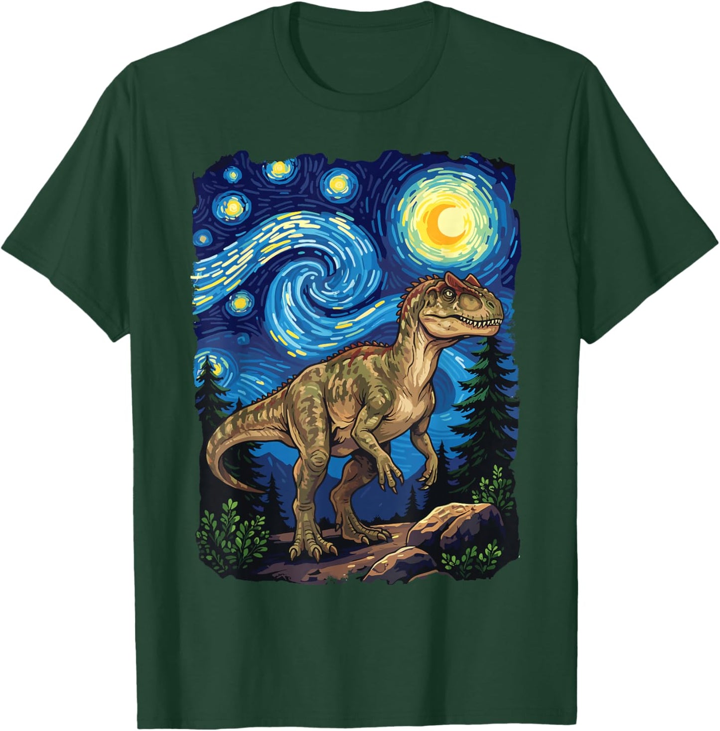 Allosaurus Dinosaur Prehistoric Starry Night Van Gogh Dino T-Shirt - T-Shirt | Forest