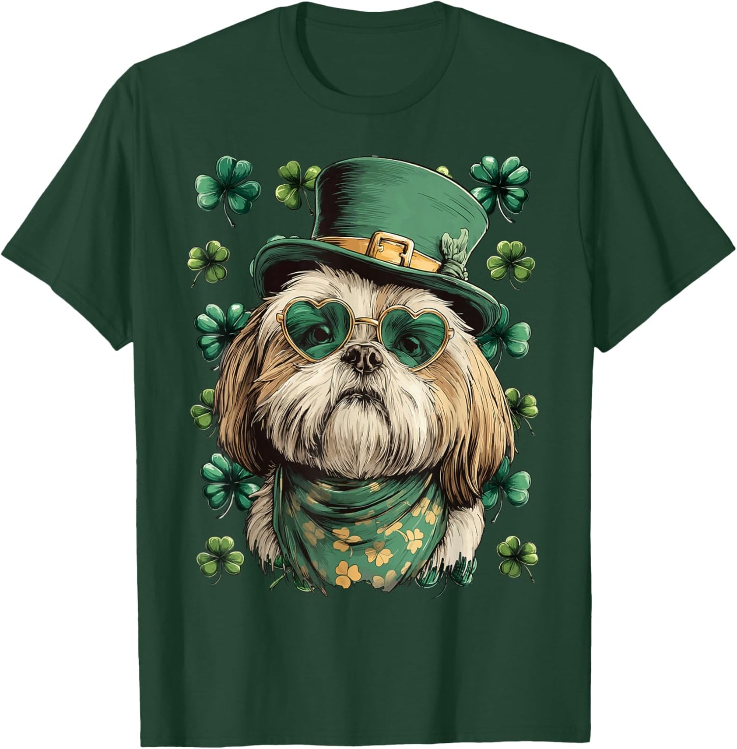 Shih Tzu with Shamrocks Hearts Sunglasses St Patricks Day T-Shirt - T-Shirt | Forest