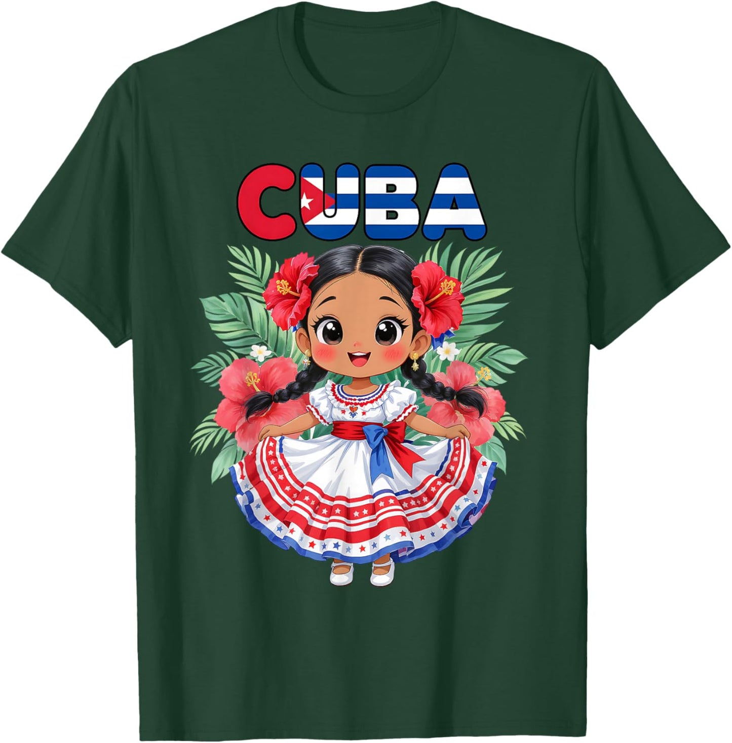Cute Cuba Cuban Girl Traditional Dress Tropical Flowers T-Shirt - T-Shirt | Forest